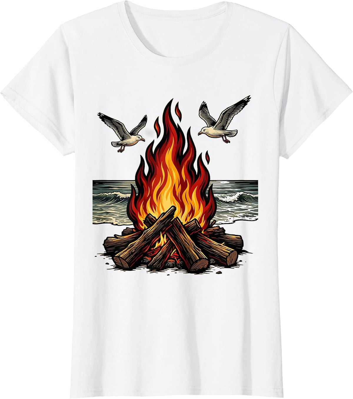 Driftwood Campfire Empty Beach Freedom Design T-Shirt - White