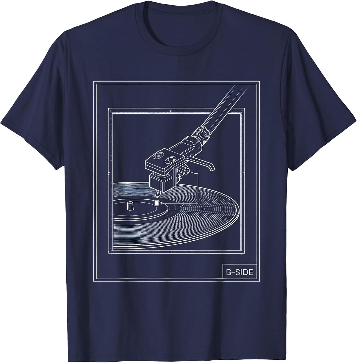 B-Side Technical Blueprint DJ Vinyl Record Turntable T-Shirt - Navy Blue