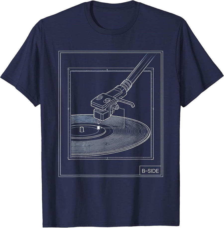 B-Side Technical Blueprint DJ Vinyl Record Turntable T-Shirt - Navy Blue