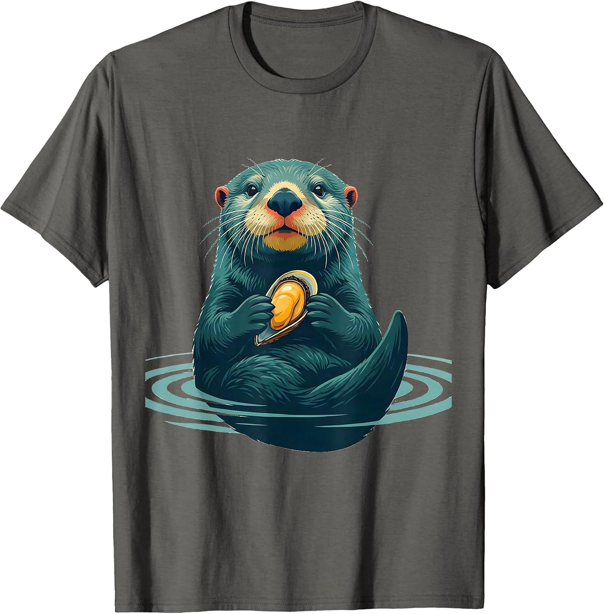 Men's Sea Otter Mussel Flat Vector Funny Otter Lover Gift T-Shirt - Asphalt Grey
