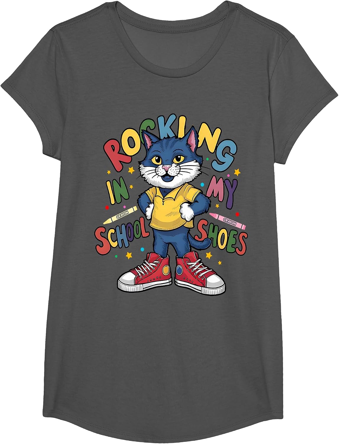 Cat Rocking in My School Shoes Funny Back to School Cat Love T-Shirt - Girls Asphalt Grey