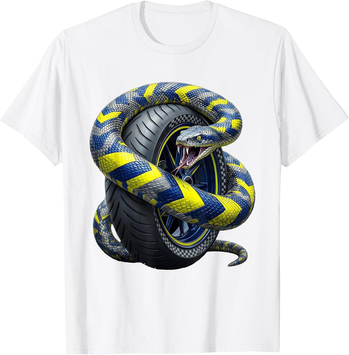 Men's Snake Coiled Around Spinning Tire Motorcycle Art T-Shirt - White