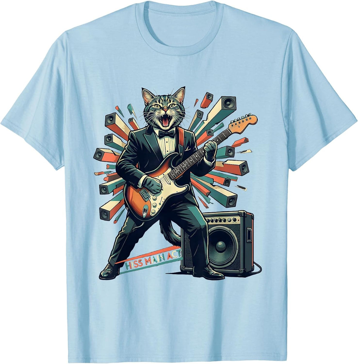 Men's Hiss Main Act Funny Cat Rock Guitarist Cat Lover Gift T-Shirt - Baby Blue