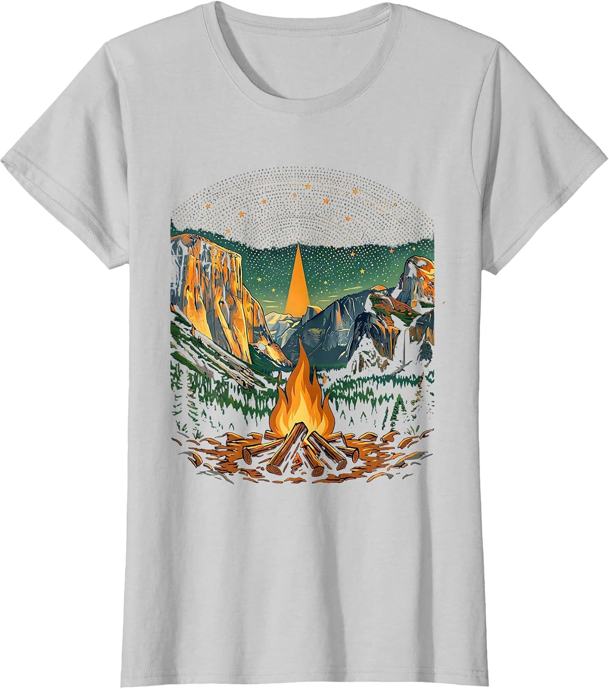 Women's Yosemite Campfire Starry Night Sky Illustration T-Shirt - Silver Grey
