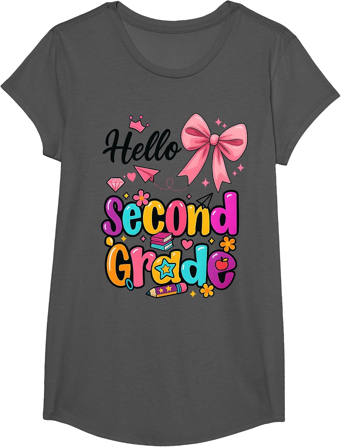 Hello Second Grade Preppy Back to School Boy Girl TeacherTee T-Shirt - Girls Asphalt Grey