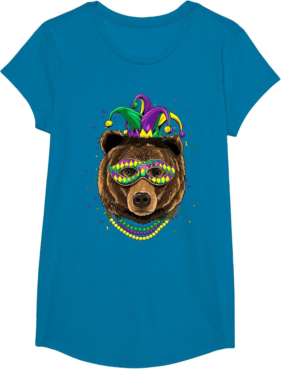 Bear Animal Lover Cute Mardi Gras Carnival Jester T-Shirt, Girls, Sapphire Blue, X-Small - As Pictured