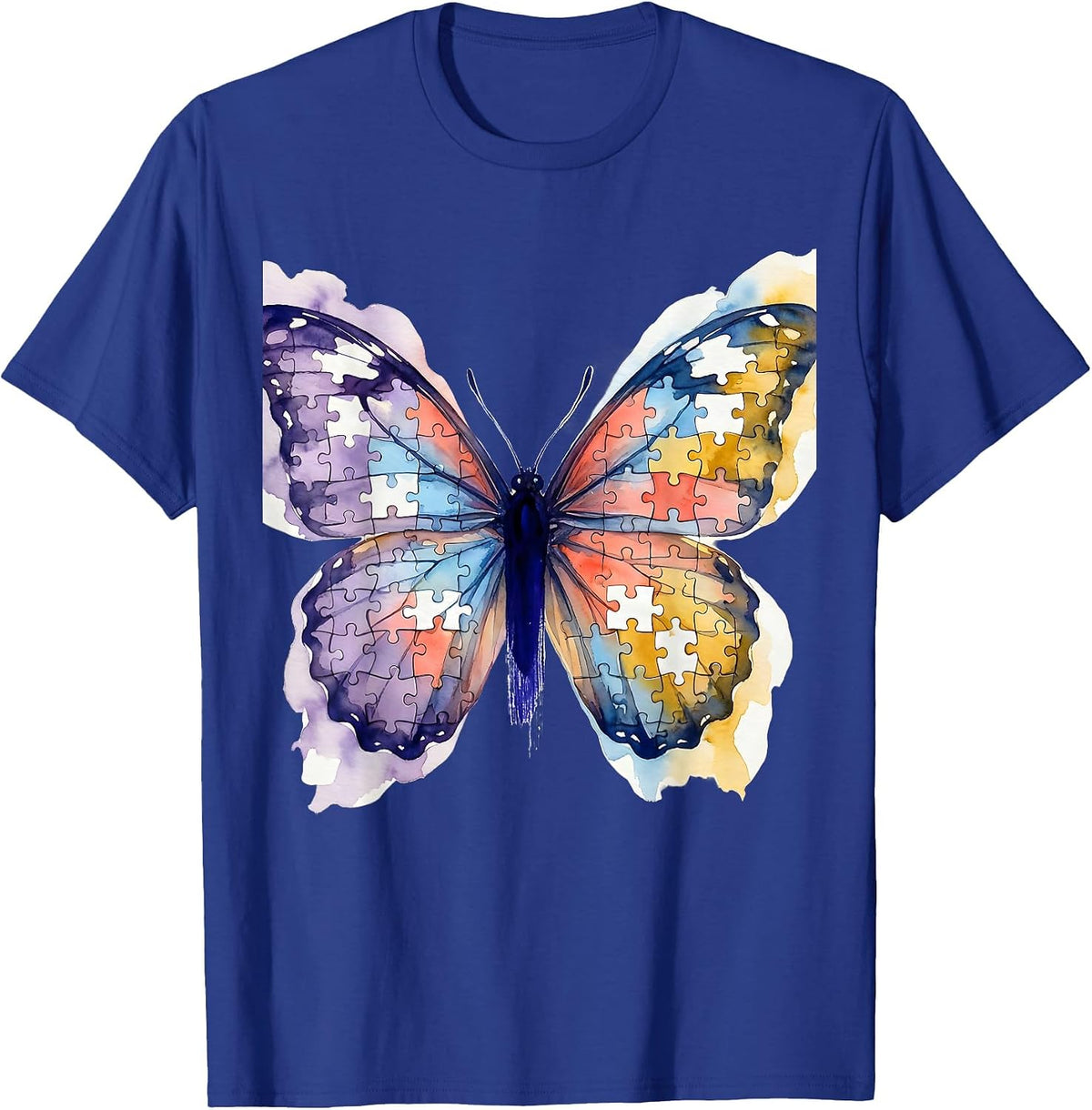 Colorful Puzzle Piece Butterfly Autism Awareness T-Shirt - Royal Blue
