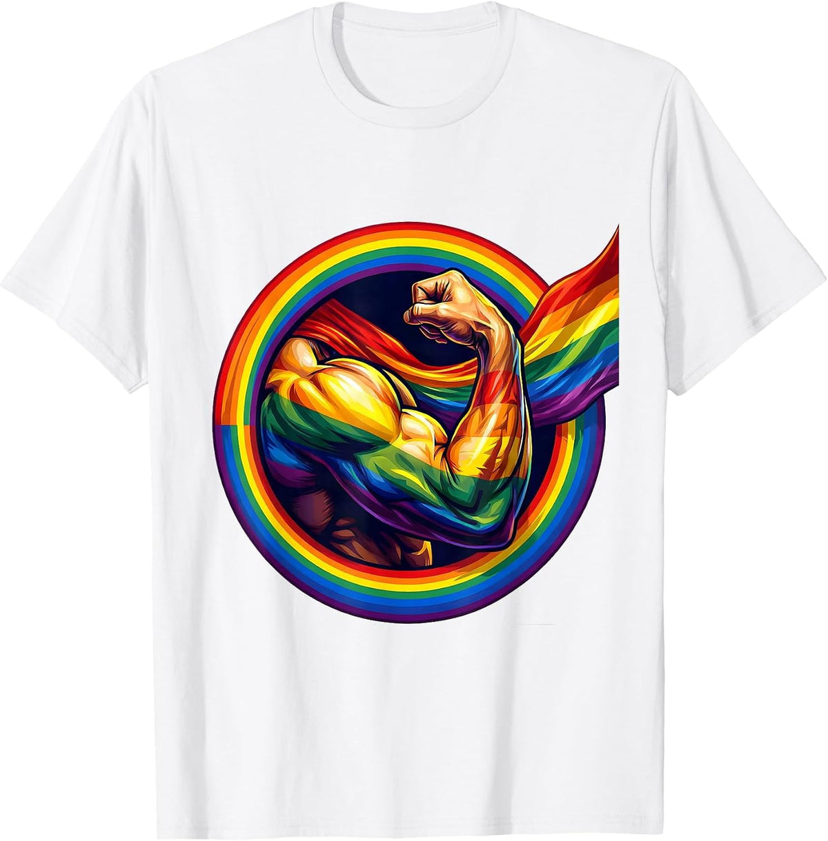 Men's Pride Flex Muscular Arm Rainbow Flag Graphic T-Shirt - White