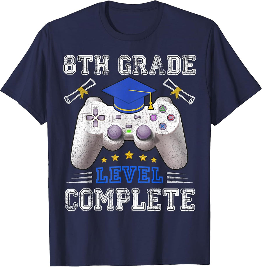 8th Grade Level Complete Gamer Class of 2025 Graduation T-Shirt - Navy Blue