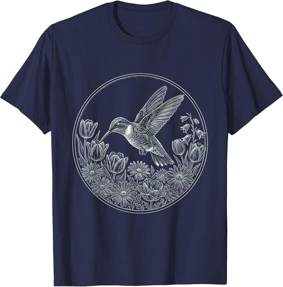 Autism Awareness Hummingbird Floral Art T-Shirt - Navy Blue