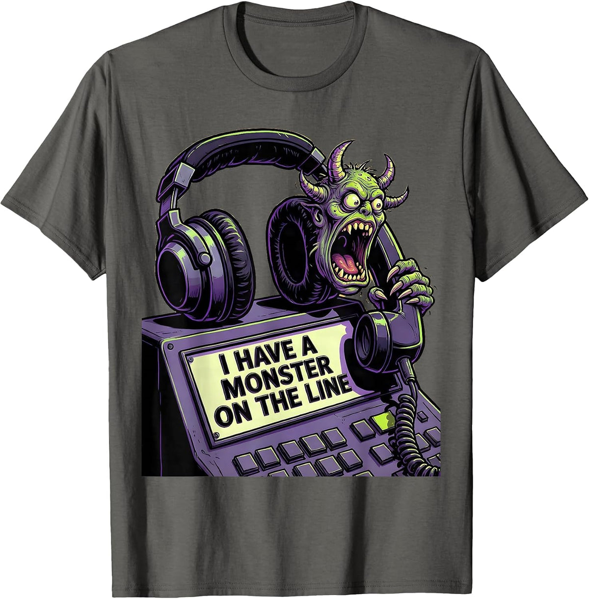 Men's I Have A Monster On The Line Cartoon Halloween Dispatcher T-Shirt - Asphalt Grey