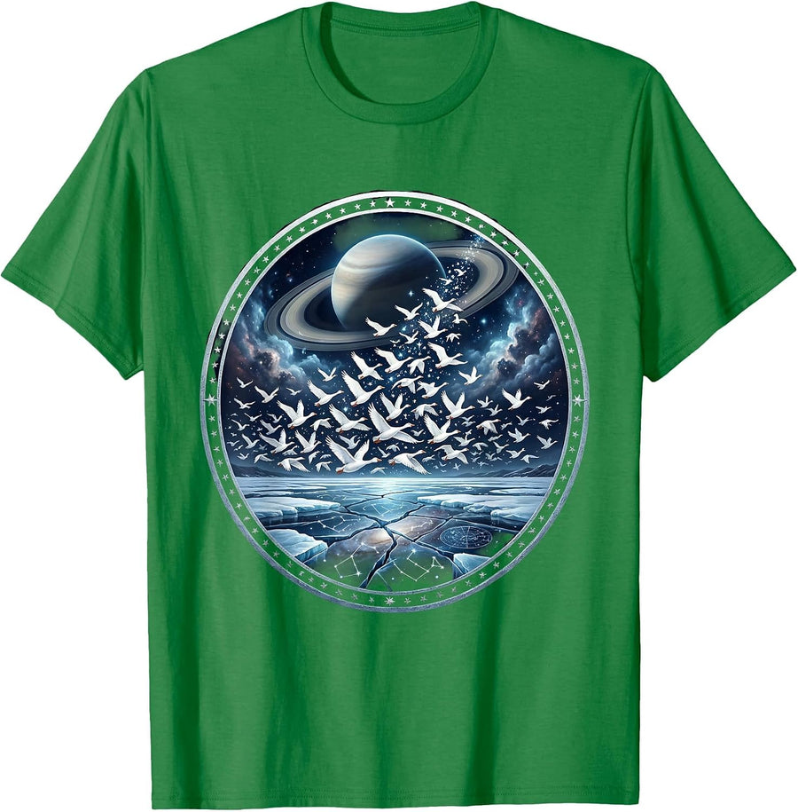 Men's White Freedom Snow Geese Rising Frozen Marsh T-Shirt - Kelly Green