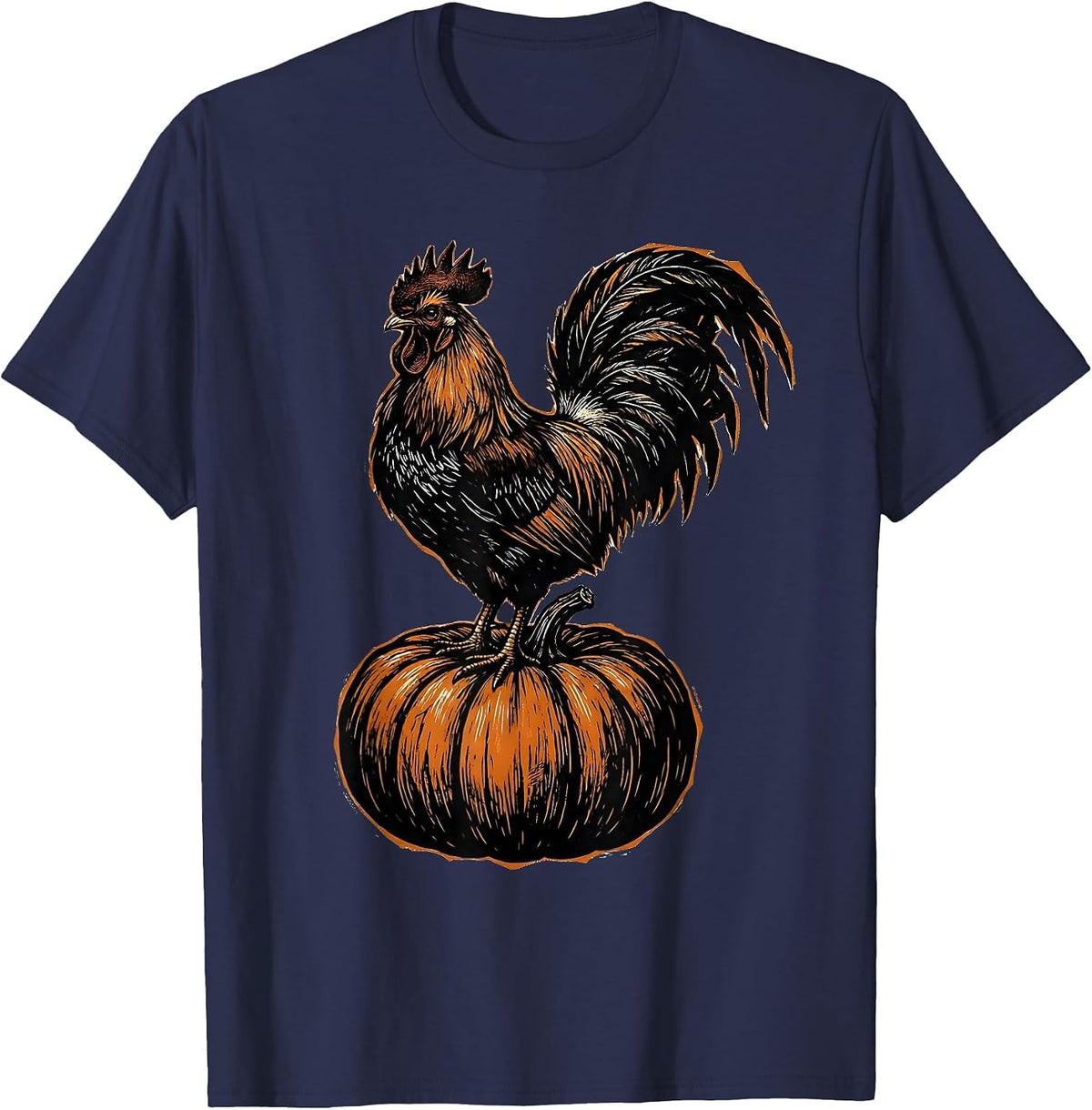 Rooster on a Pumpkin Proud Harvest Illustration T-Shirt - Navy Blue