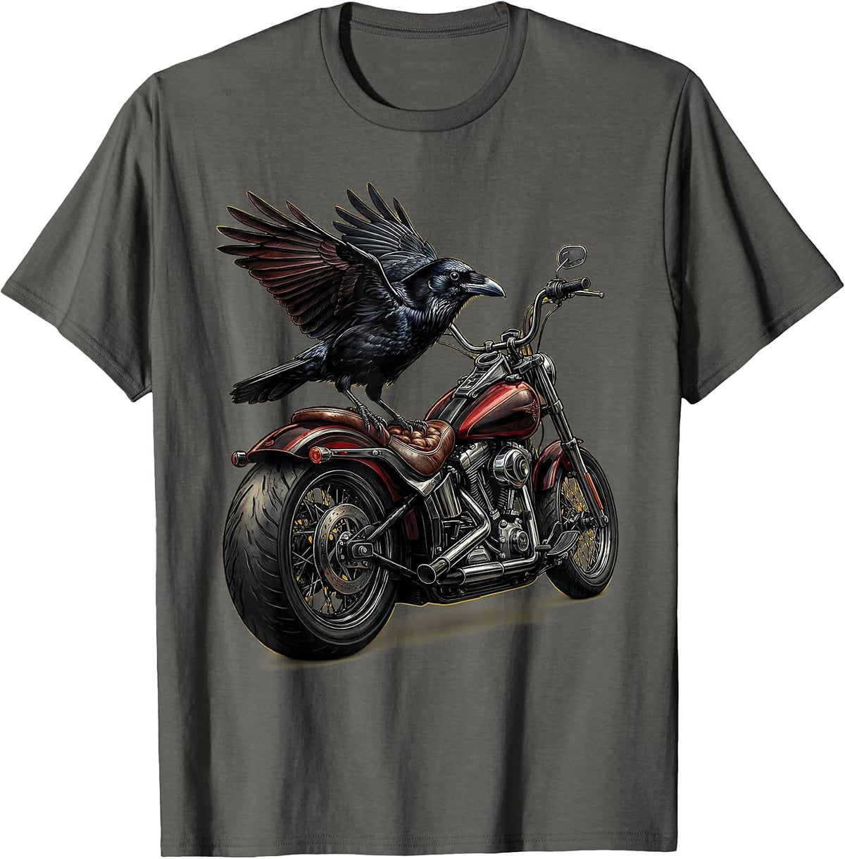 Men's Crow on Chopper Motorcycle Biker Graphic T-Shirt - Asphalt Grey