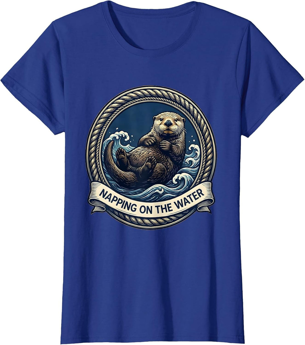 Women's Napping on the Water Sea Otter Design T-Shirt - Royal Blue