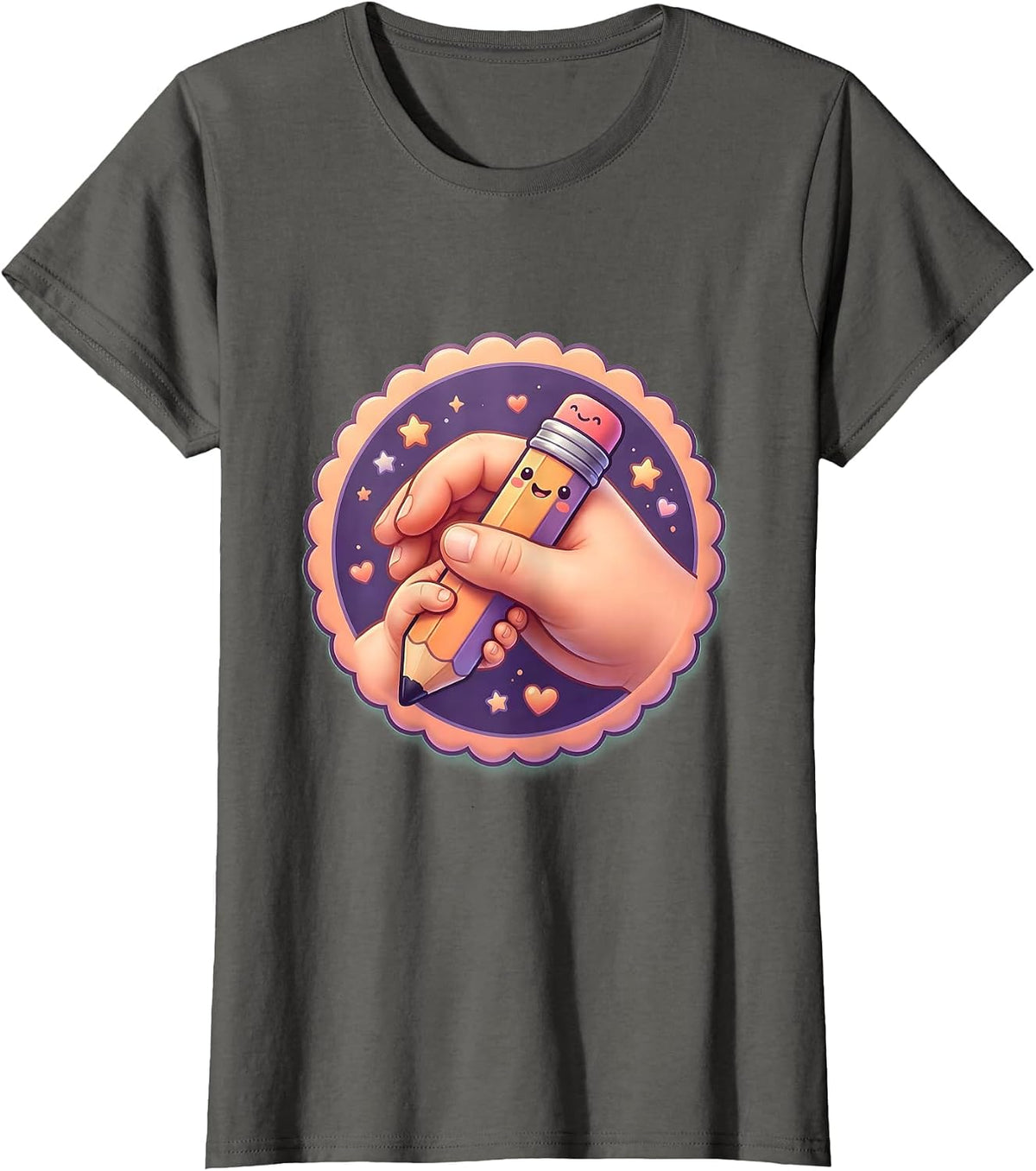 Women's Sped Teacher Hands Guiding Pencil Grip Illustration T-Shirt - Asphalt Grey