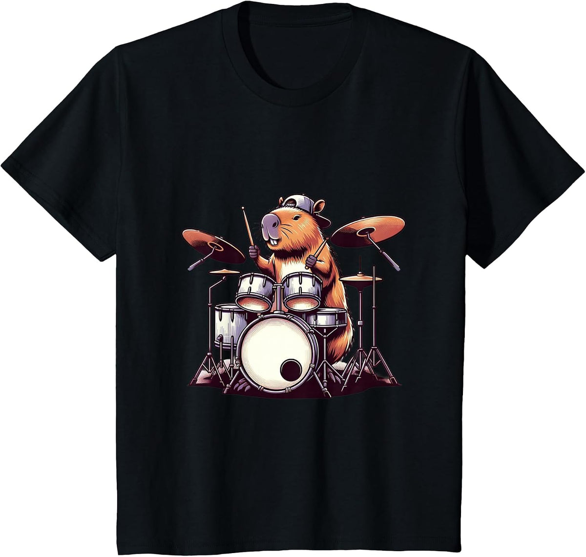 Capybara Playing Drums Drumming Lover Graphic Funny Drummer T-Shirt - Black
