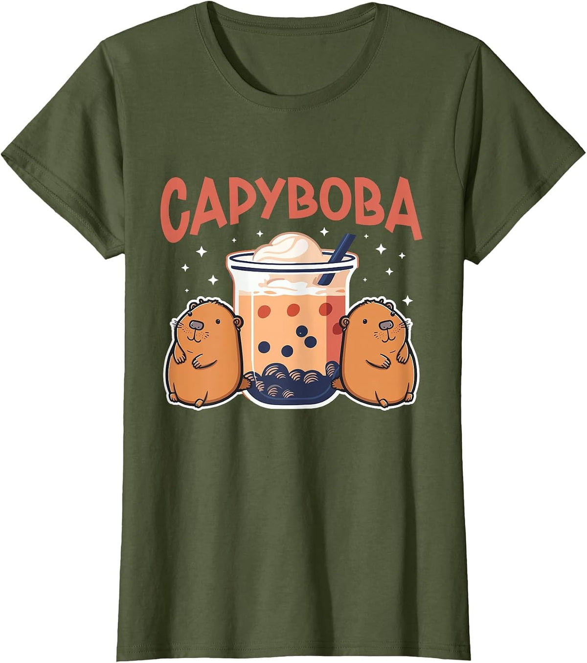 Capyboba Milk Tea Capybara Bubble Tea T-Shirt - Olive Green