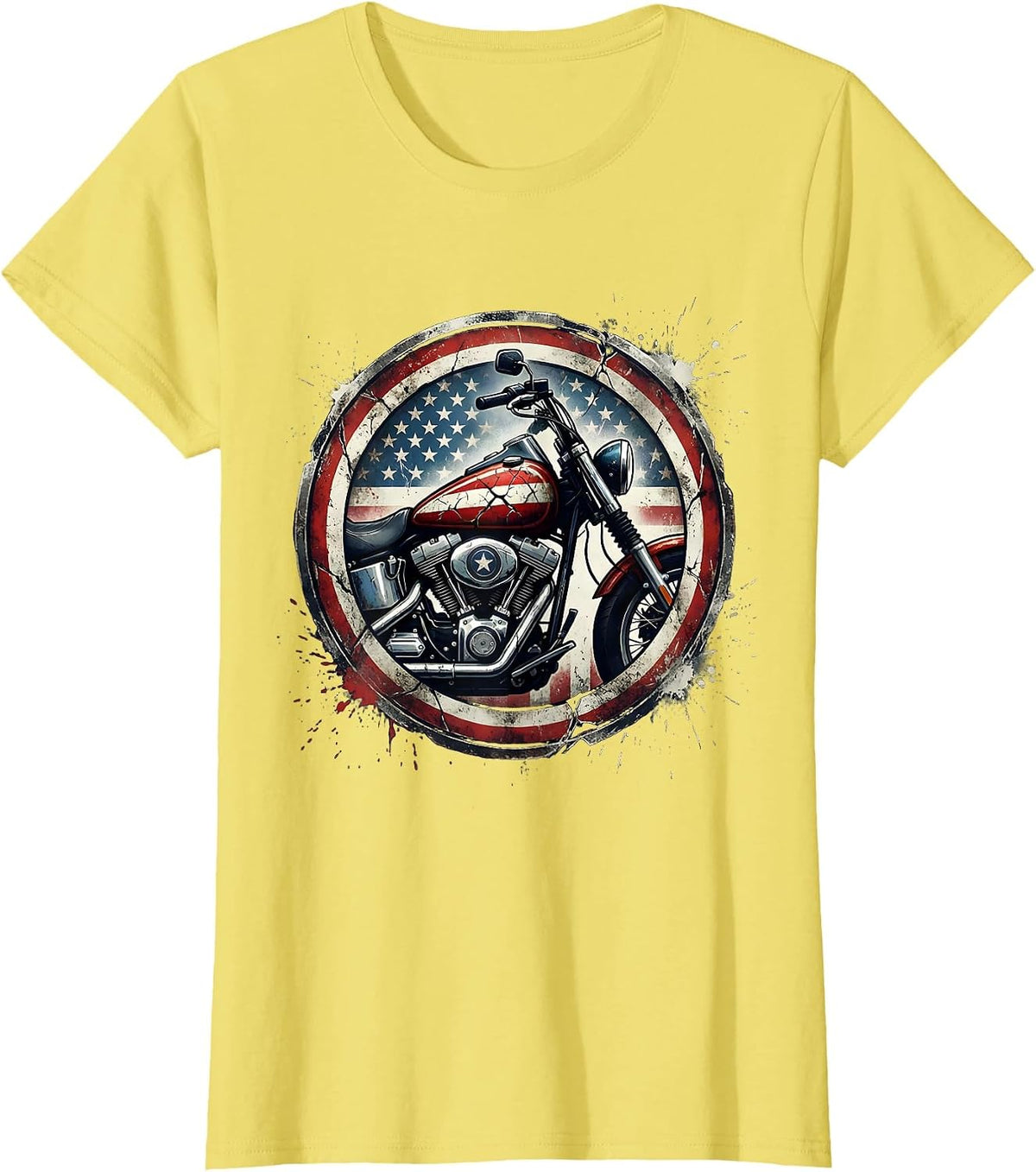Patriotic Motorcycle Flag Fuel Tank Illustration T-Shirt - Lemon Yellow