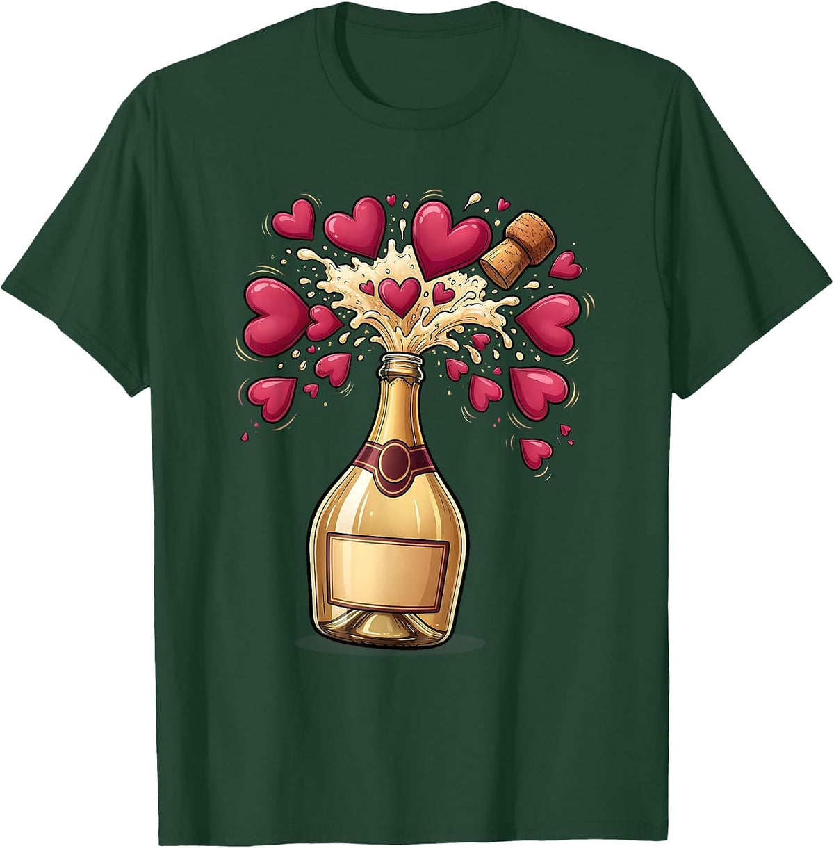 Men's Champagne Popping Hearts Celebration Graphic T-Shirt - Dark Green