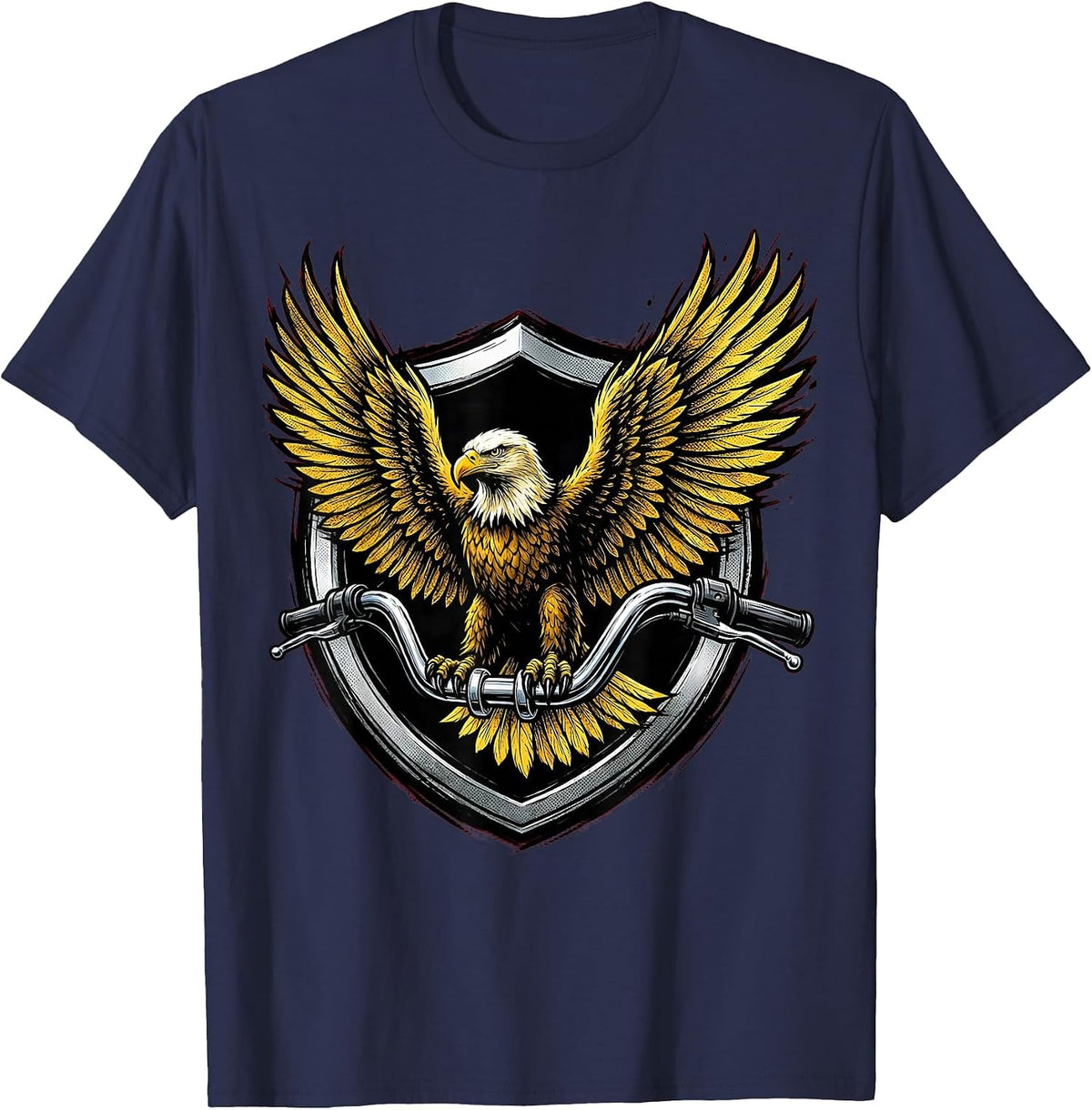 Eagle on Chrome Motorcycle Handlebar Biker Design T-Shirt - Navy Blue