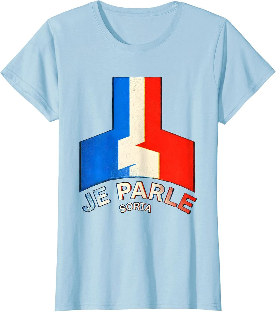 Women's Je Parle, Sorta Risograph Francophile French Flag Humor T-Shirt - Baby Blue