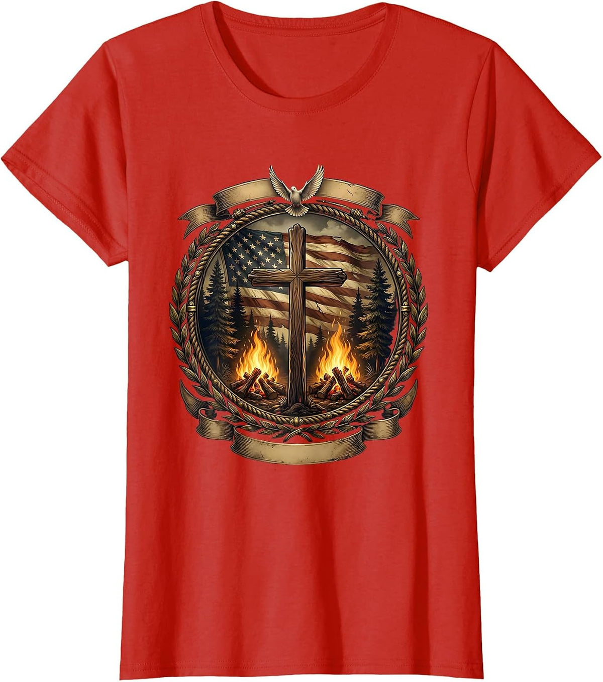 Women's Campfire Pine Trees Night Sky Wilderness Design T-Shirt - Red