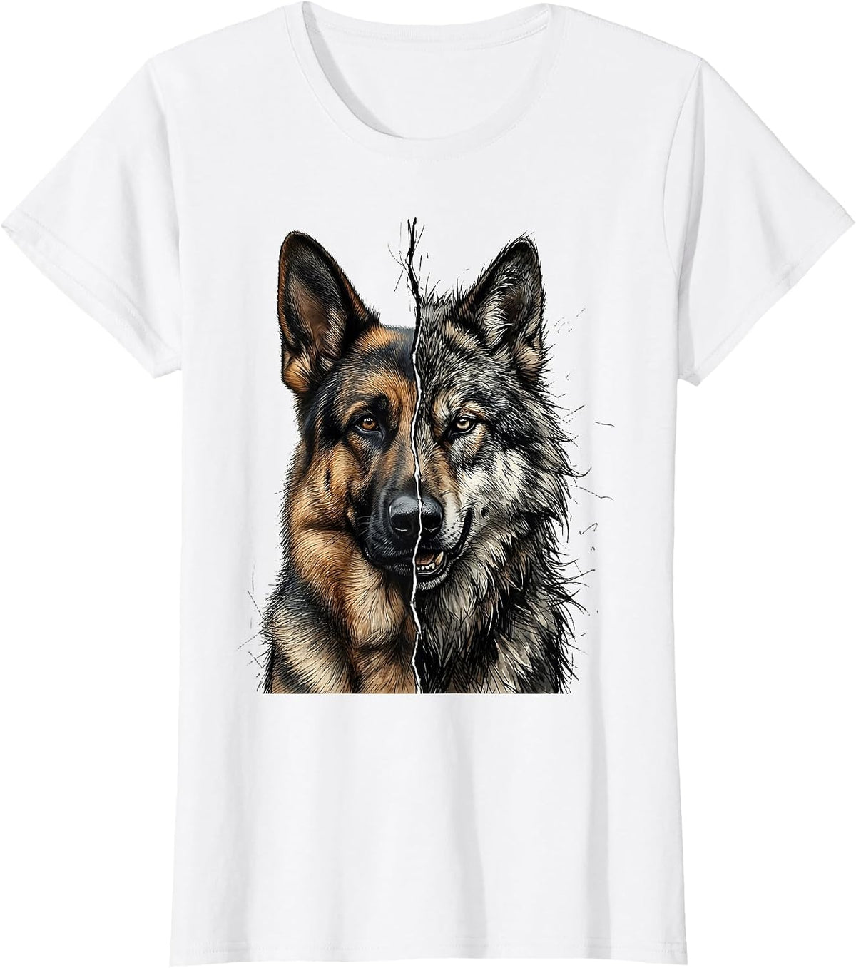 German Shepherd Wild Wolf Split Profile Graphic T-Shirt - White