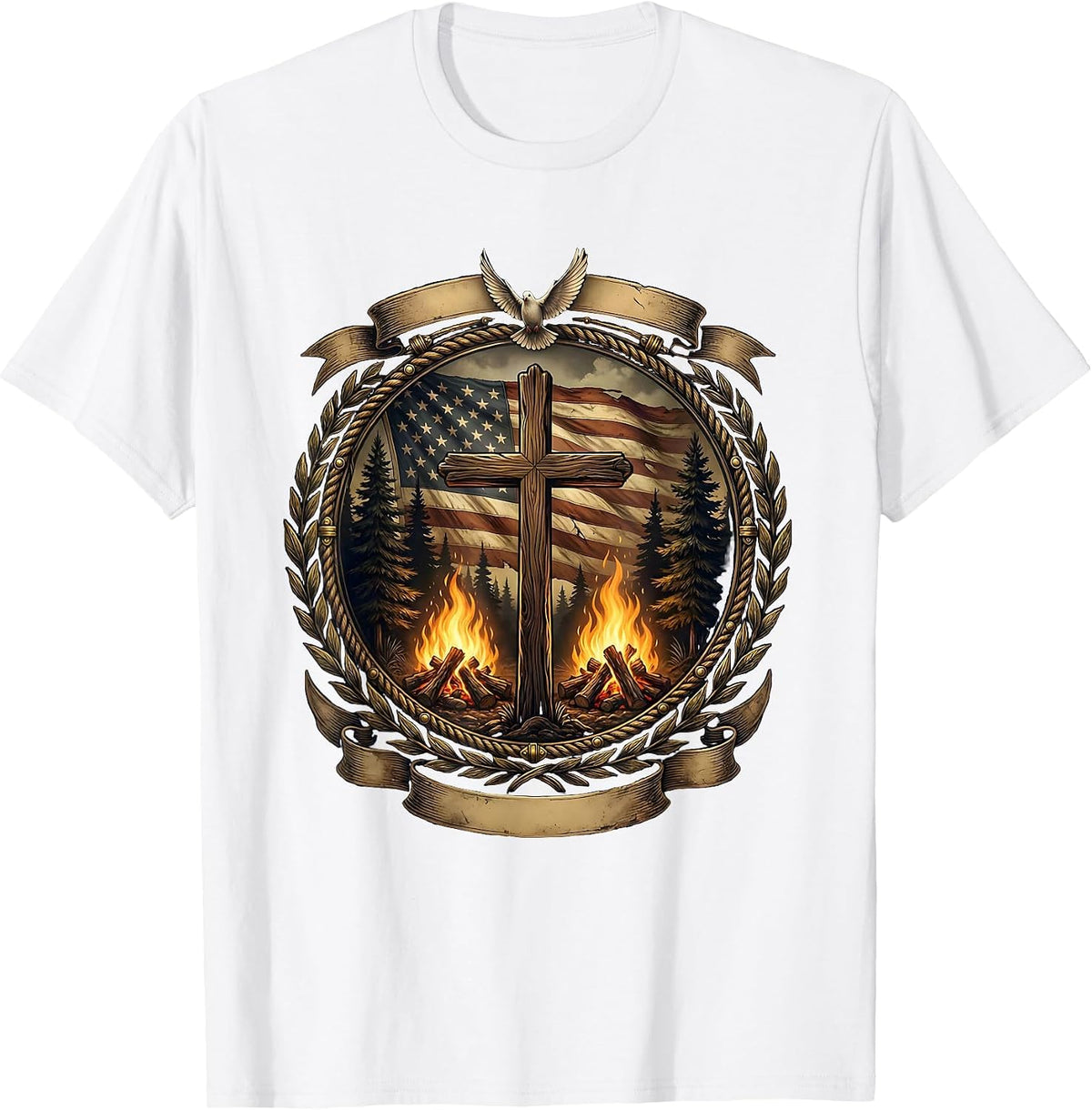 Men's Campfire Pine Trees Night Sky Wilderness Design T-Shirt - White