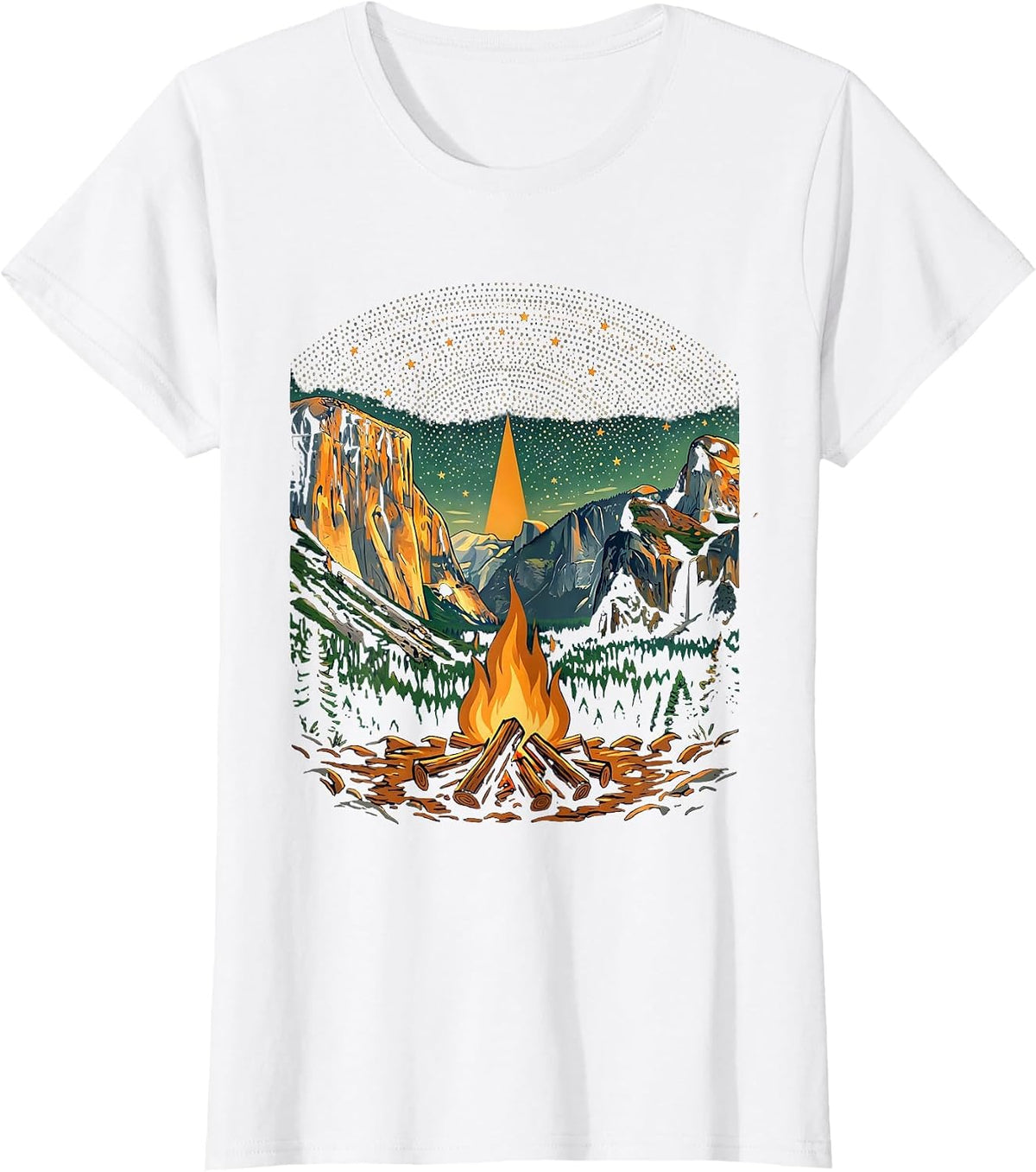 Women's Yosemite Campfire Starry Night Sky Illustration T-Shirt - White