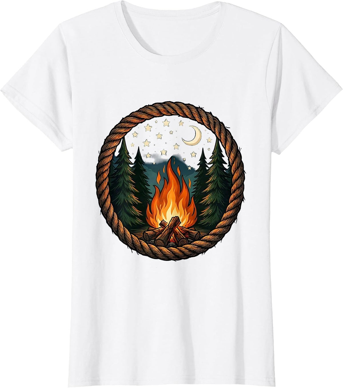 Women's Campfire Under a Starry Night Sky Illustration T-Shirt - White