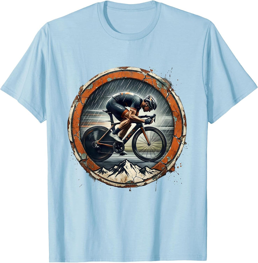 Men's Cyclist Speeding Downhill in the Rain Graphic T-Shirt - Baby Blue