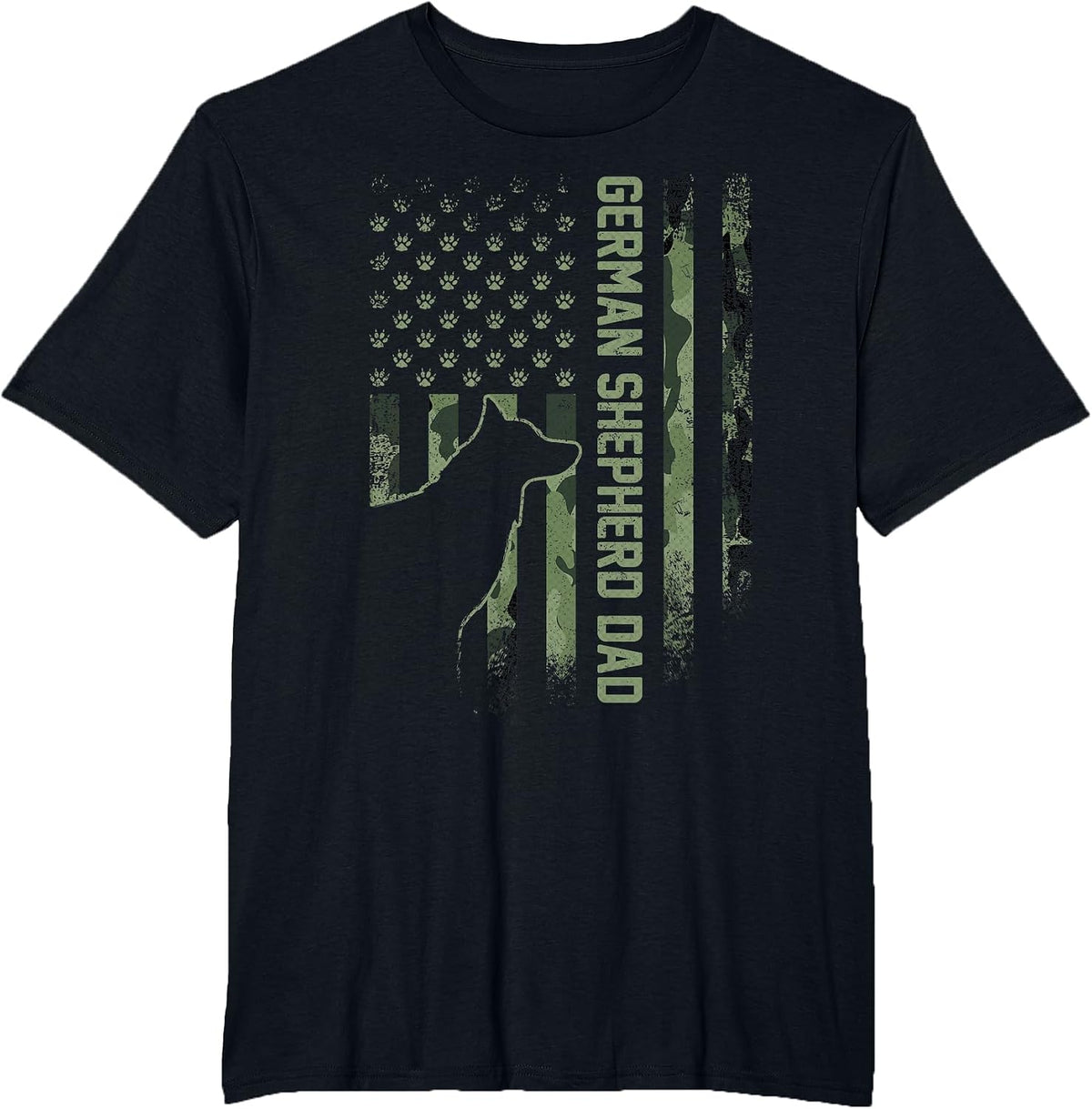 Vintage USA Camo Flag Proud German Shepherd Dad Silhouette T-Shirt - Black
