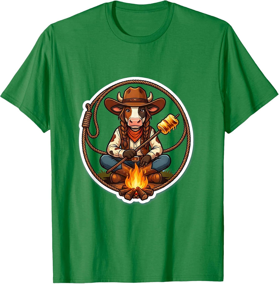 Men's Cowgirl Roasting Marshmallows Over Campfire T-Shirt - Kelly Green