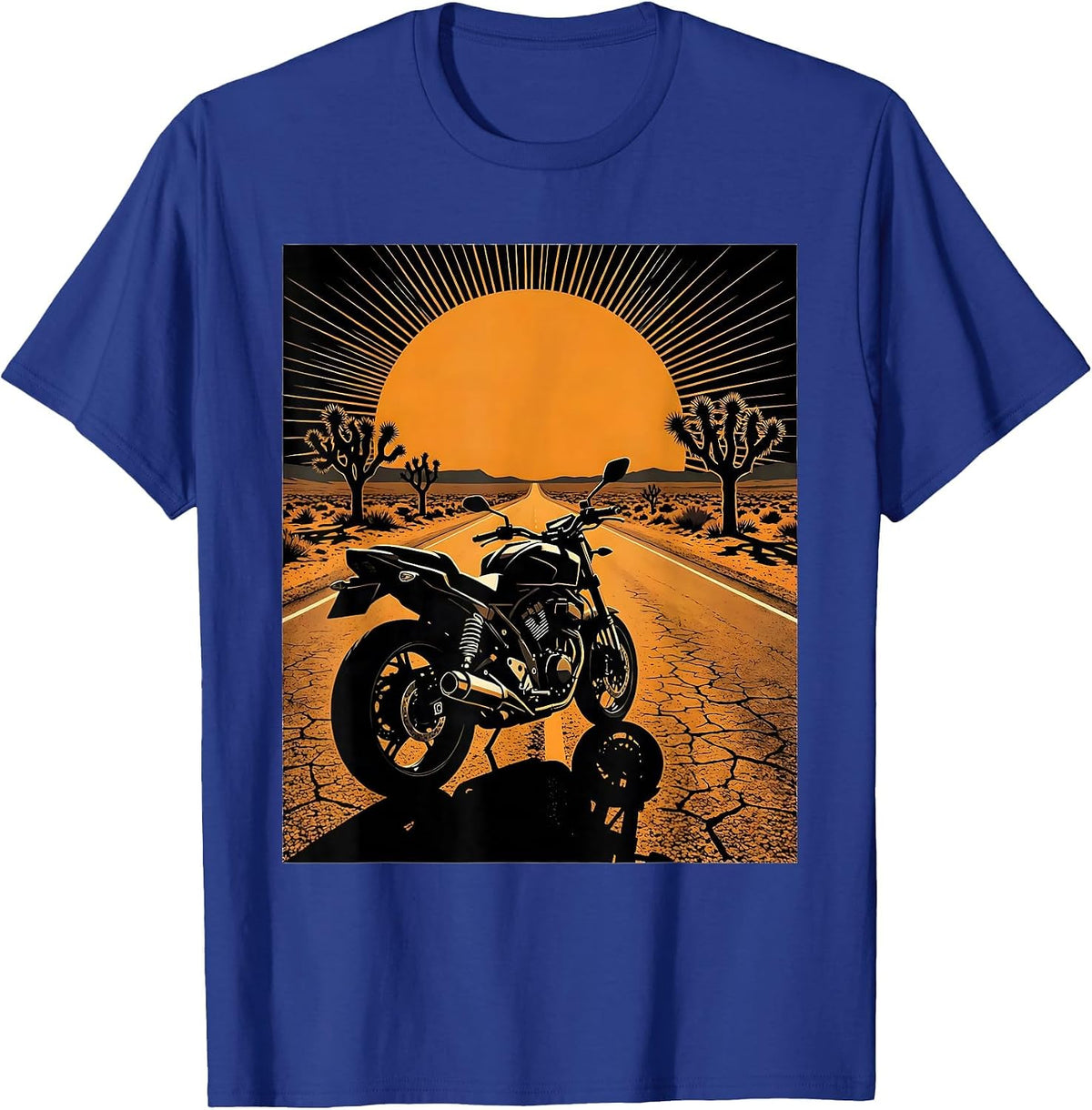 Lone Motorcycle Desert Highway Dusk Biker Graphic T-Shirt - Royal Blue
