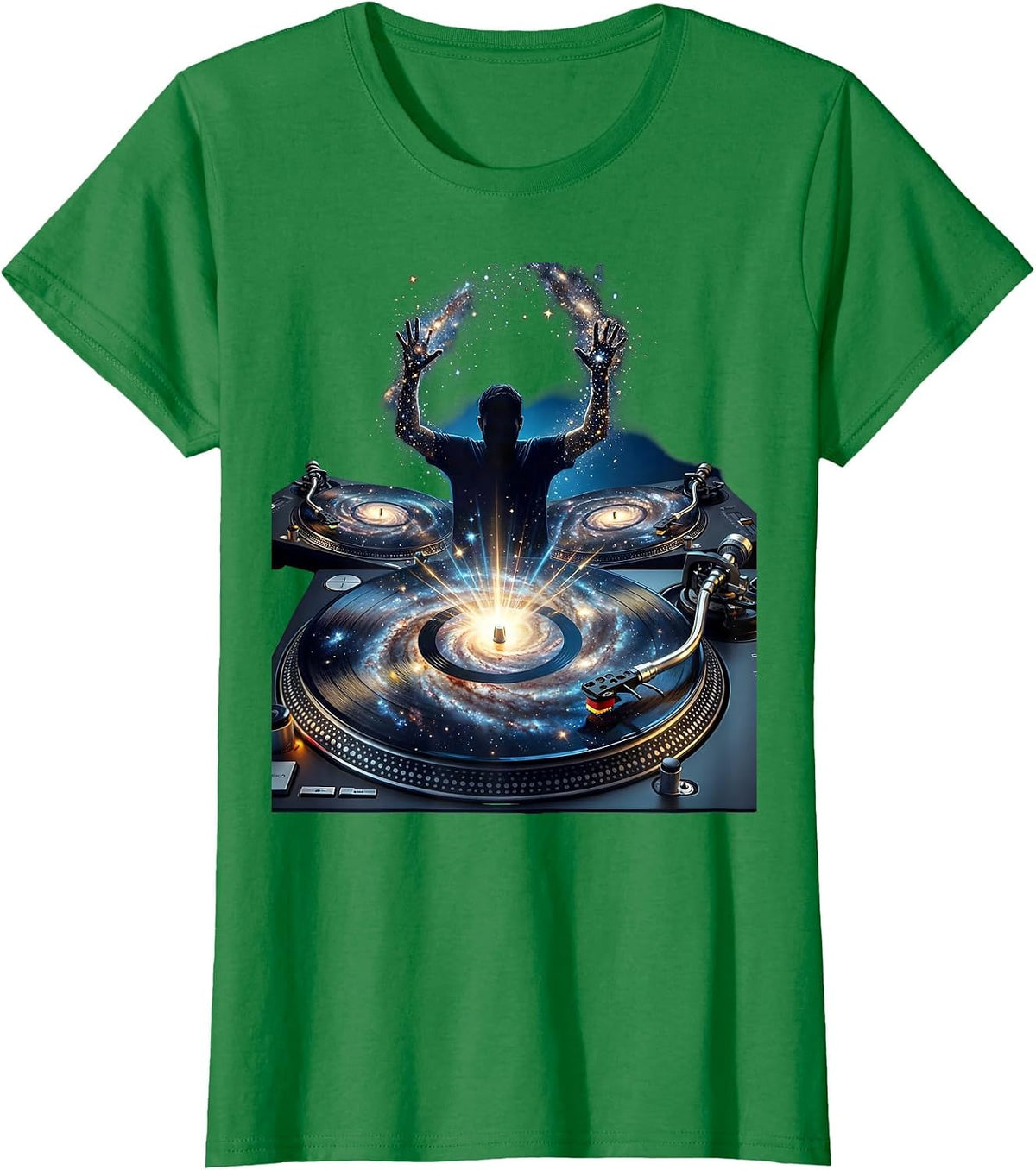 DJ Silhouette Glowing Turntables Rave Graphic T-Shirt - Kelly Green