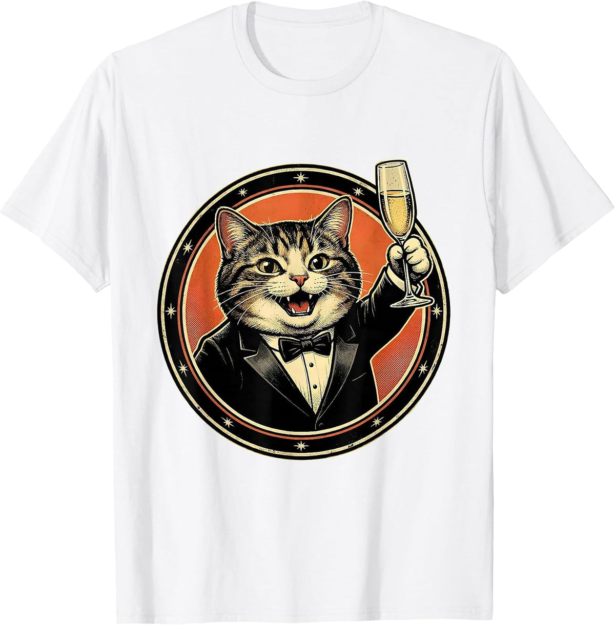 Men's Fancy Cat in Tuxedo with Champagne Glass T-Shirt - White