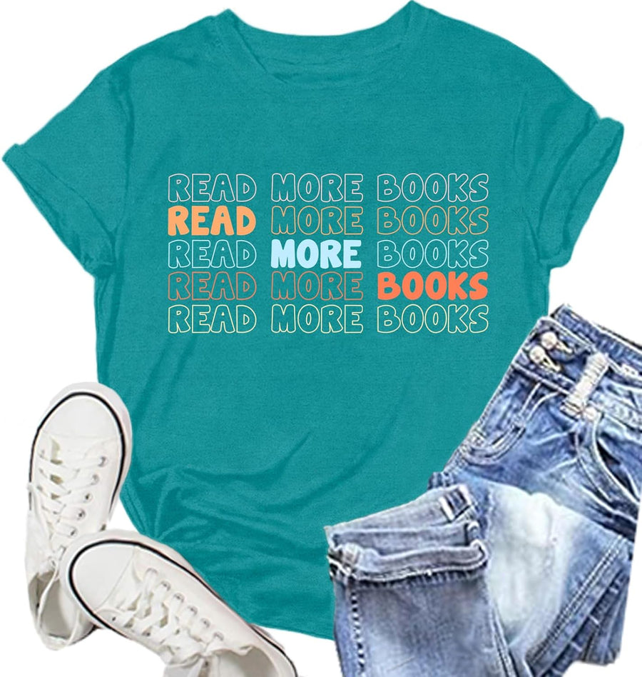 Book Shirts for Women Read More Books T-Shirt Reading Tee Teacher Tops - Cyan