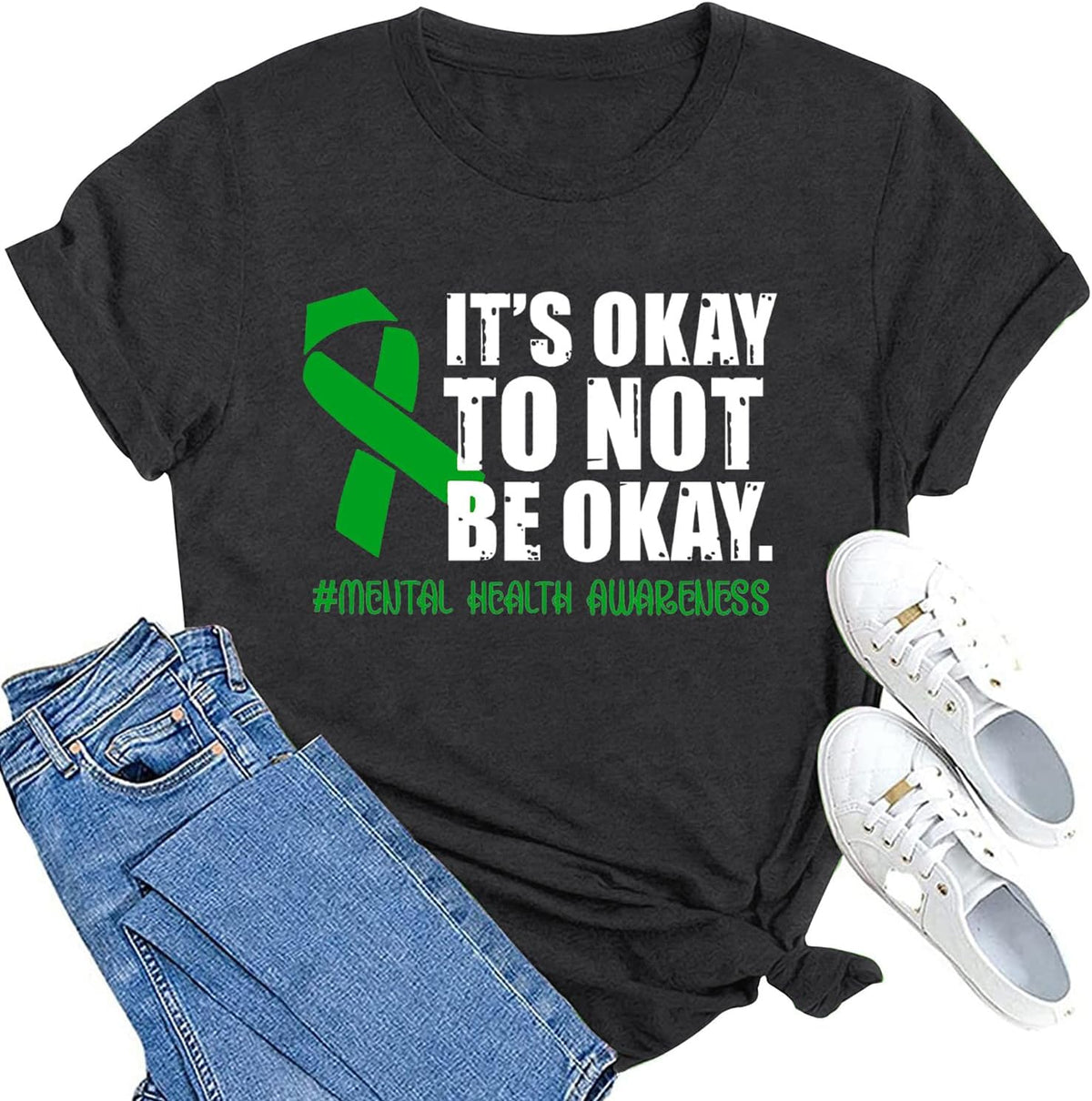 Womens Green Ribbon Awareness Shirts Mental Health Matters Tshirt Inspirational Tee Top - Grey