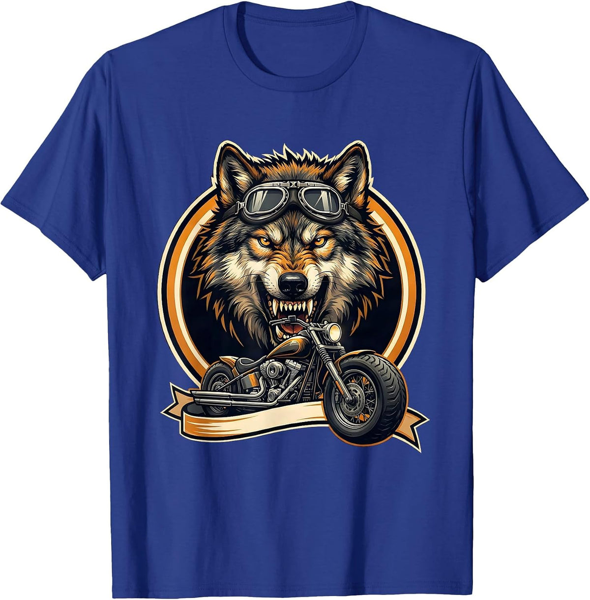 Men's Wolf Aviator Biker Graphic Tee Motorcycle Design T-Shirt - Royal Blue