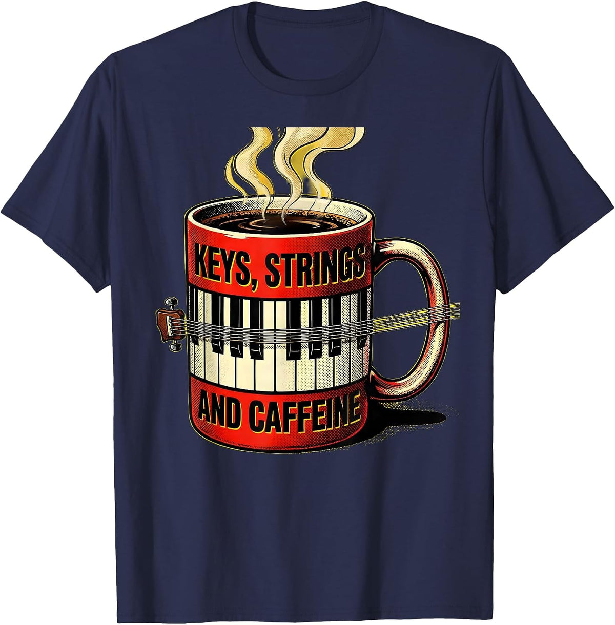 Men's Keys, Strings, and Caffeine Music Teacher Design T-Shirt - Navy Blue