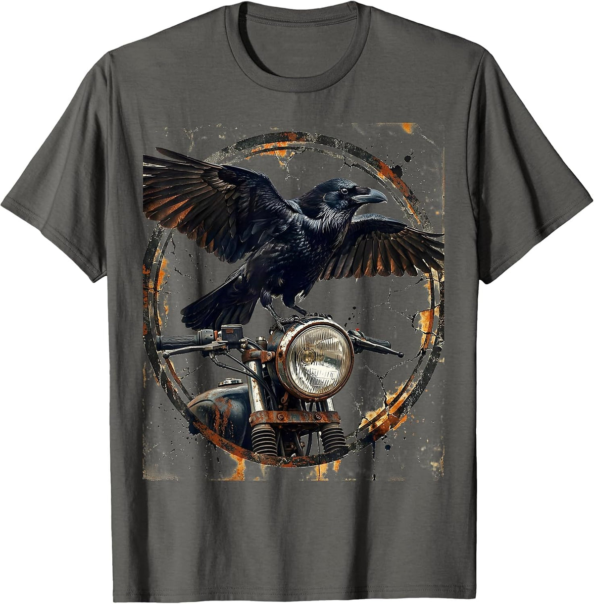 Raven on Rusted Motorcycle Headlight Graphic T-Shirt - Asphalt Grey