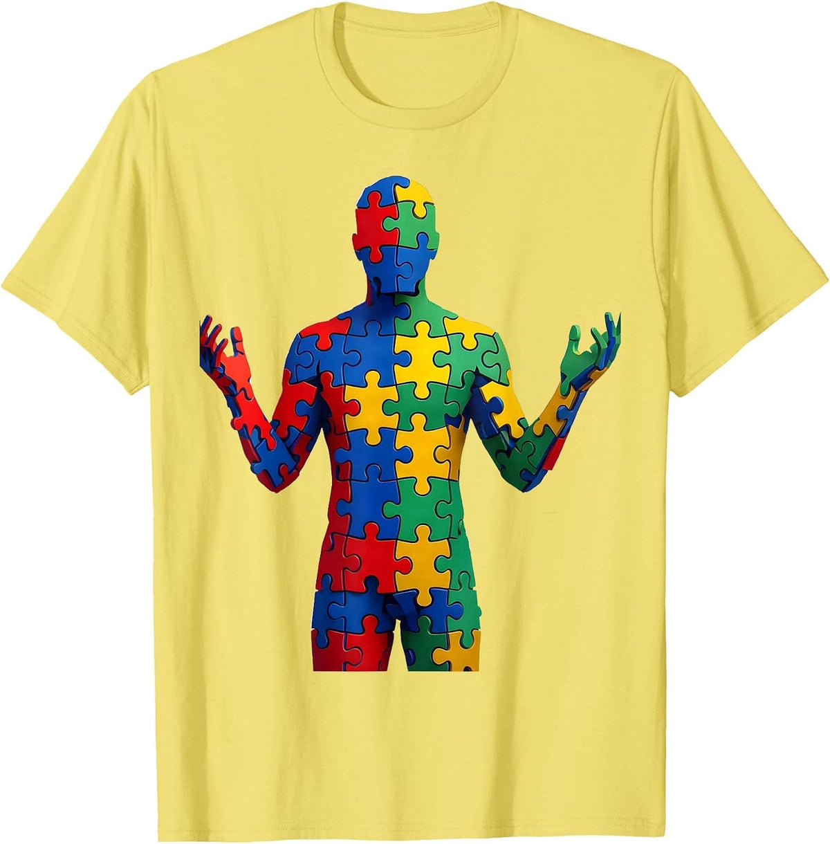 Men's Autism Awareness Colorful Puzzle Piece Silhouette T-Shirt - Lemon Yellow