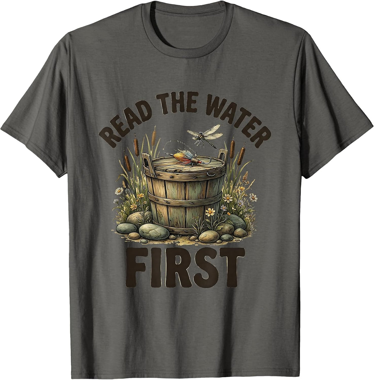 Read the Water First Fly Fishing Design T-Shirt - Asphalt Grey