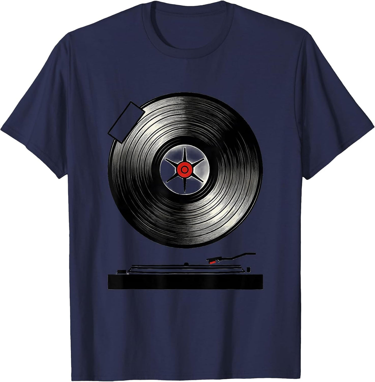 Men's Vinyl Record Turntable Sealed Badge Retro Music Lover T-Shirt - Navy Blue