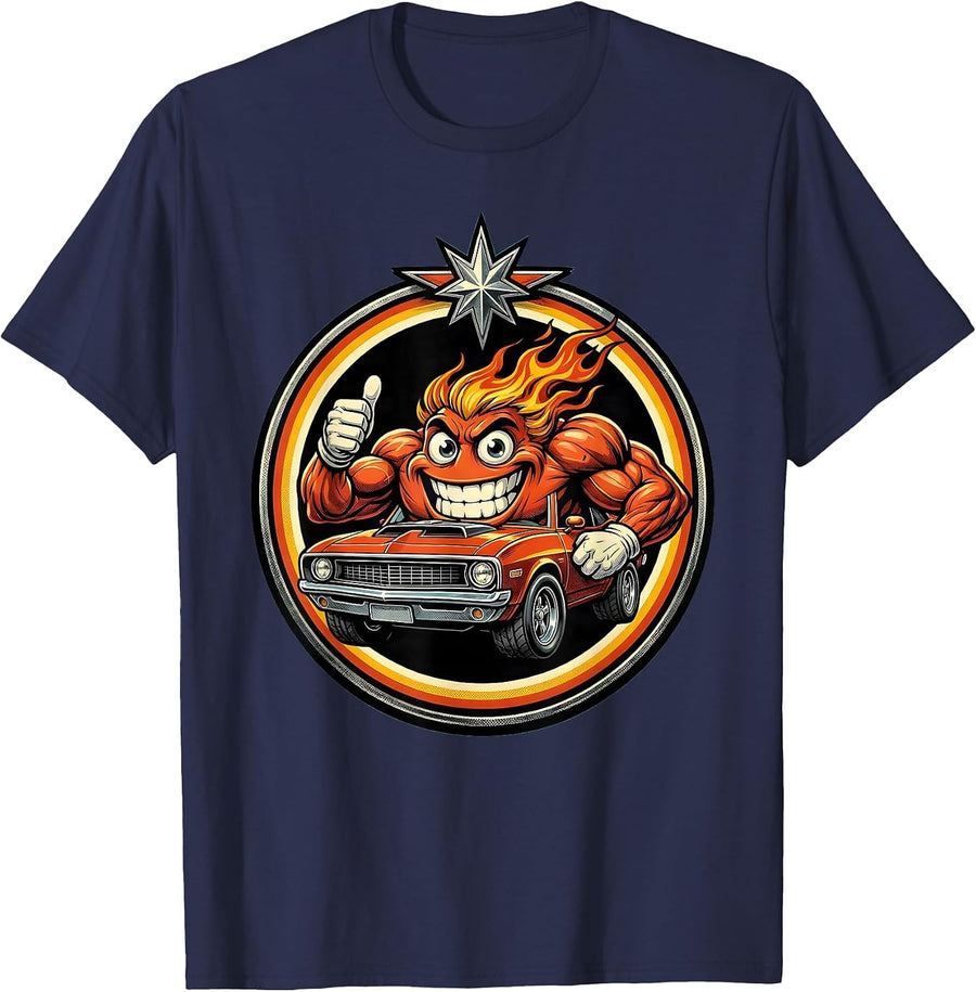70s Muscle Car Racing Flames Retro Classic Design T-Shirt - Navy Blue