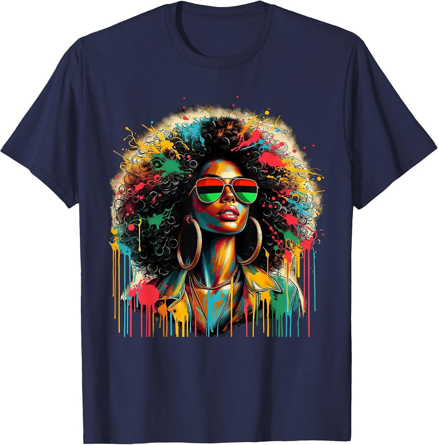 Juneteenth Black Womens Queen Afro African Melanin Dripping T-Shirt - Navy Blue
