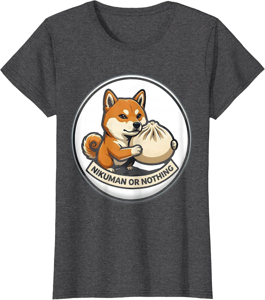 Women's Nikuman Or Nothing Kawaii Shiba Inu Dog Lover Anime Humor T-Shirt - Dark Heather Grey
