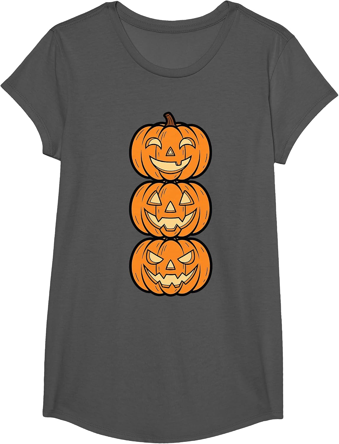 Halloween Pumpkin Stack Funny Scary Faces Design T-Shirt - Girls Asphalt Grey