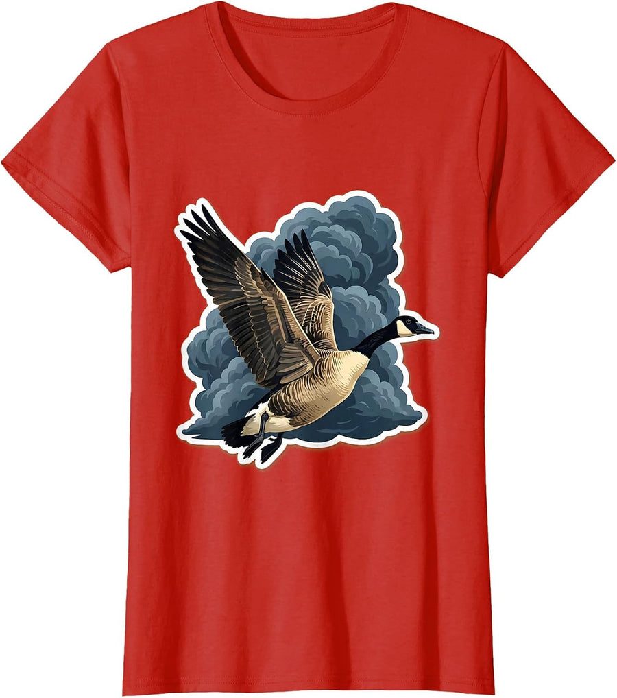 Women's Goose in Flight Stormy Sky Graphic Design T-Shirt - Red